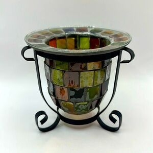 Vintage Mosaic Glass Multicolor Tealight Candle Holder Black W/Metal Stand 4.5”
